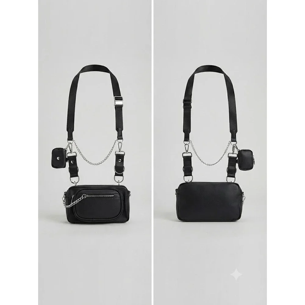 Black Utility Crossbody Bag Chain Strap Mini Pouch Y2K Techwear Festival Grunge